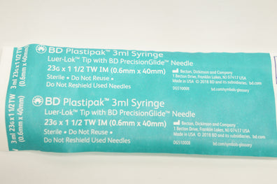 BD 309589 Plastipak 3ml Syringe Luer-Lok Tip W/BD PrecisionGlide Ndle 23Gx1-1/2